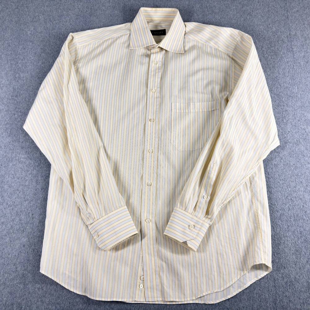 Canali Shirt Mens 16 41 Yellow Striped Button Up Long Sleeve Dress Made in Italy